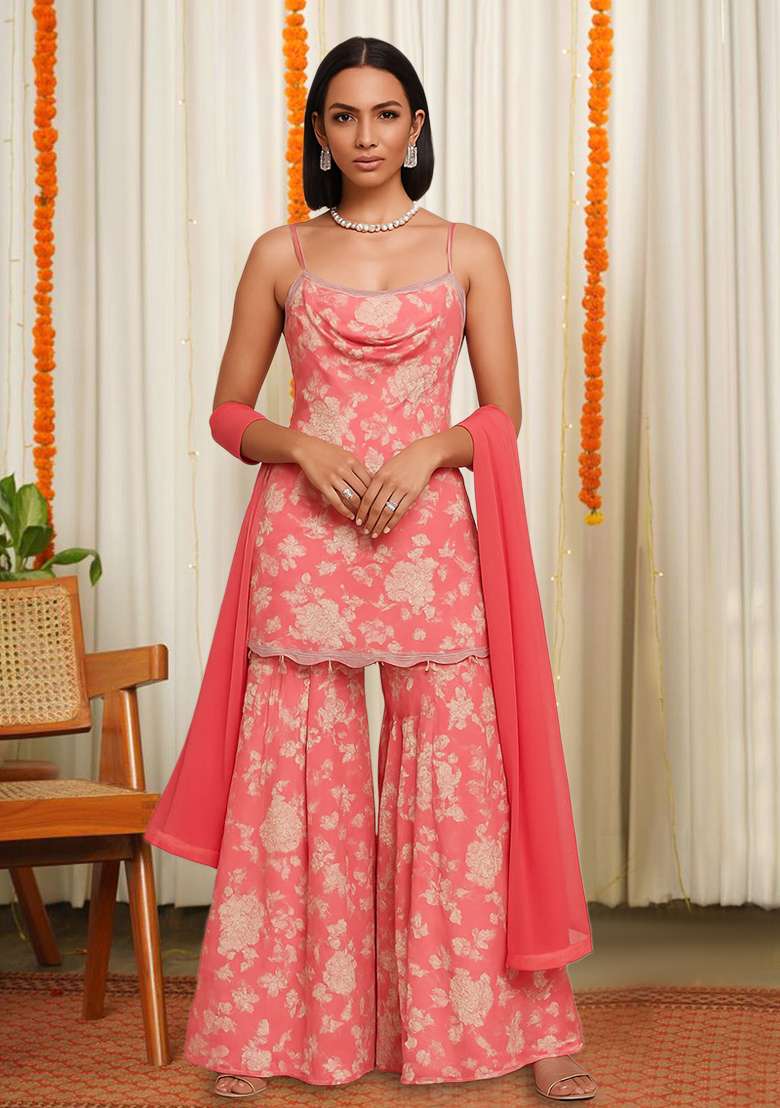 Orange Satin Fusion Set with Floral Print for Diwali | Wedding & Festive Wear - Indya