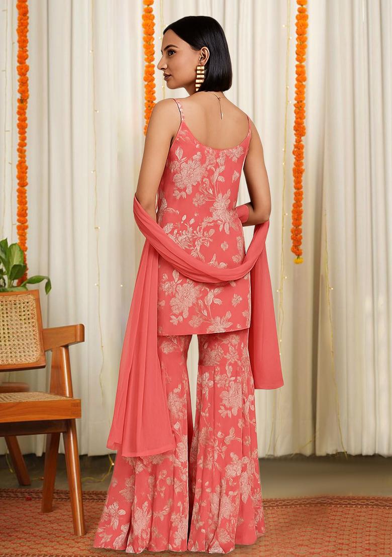 Orange Floral Print Satin Fusion Set - Indya