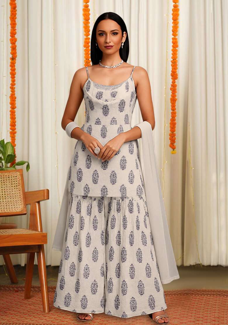 White Floral Print Satin Fusion Set - Indya