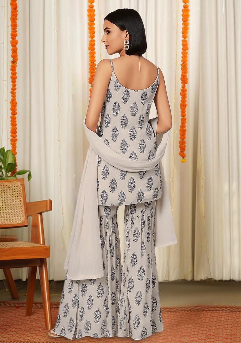 White Floral Print Satin Fusion Set - Indya