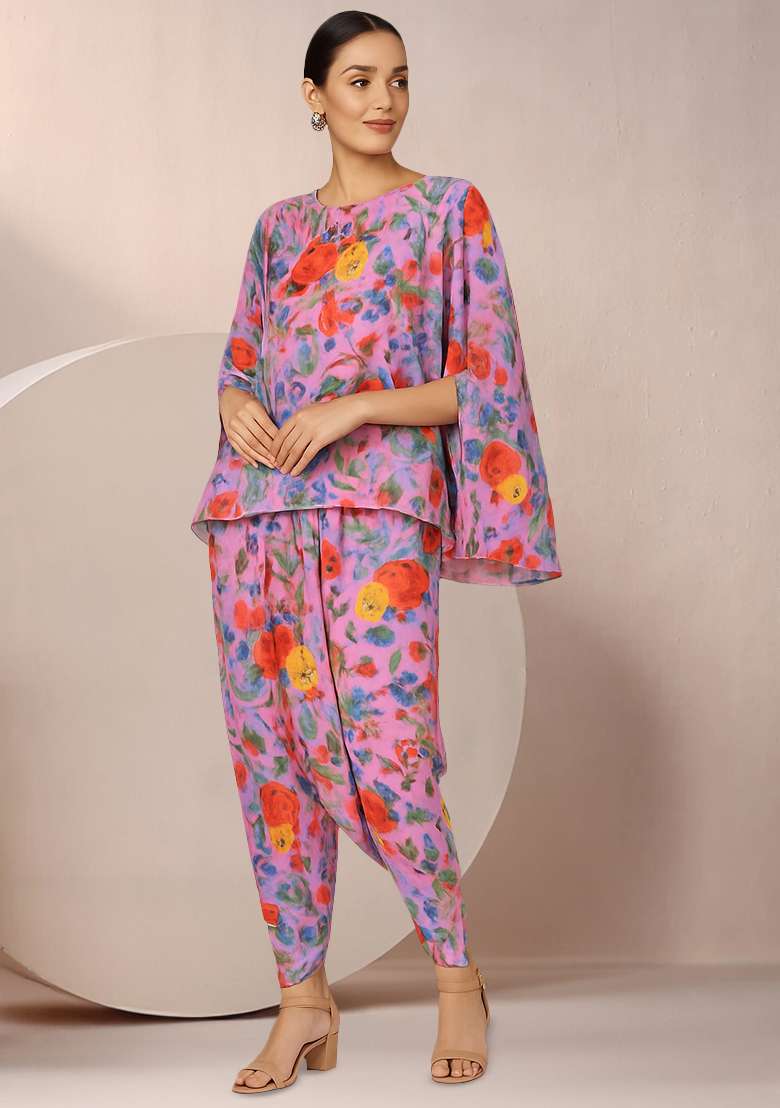 Pink Georgette Floral Printed Fusion Set for Diwali and Festive Wear - Indya