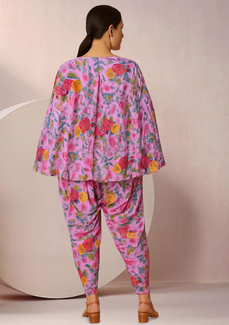 Pink Georgette Floral Printed Fusion Set - Indya