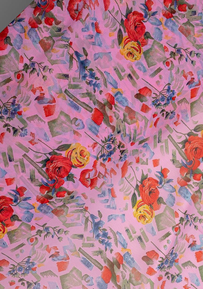 Pink Georgette Floral Printed Fusion Set - Indya