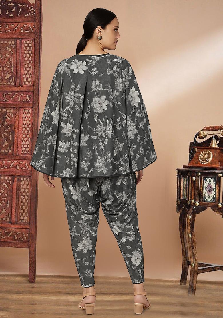 Black Georgette Floral Printed Fusion Set - Indya