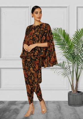 Black Georgette Floral Printed Fusion Set