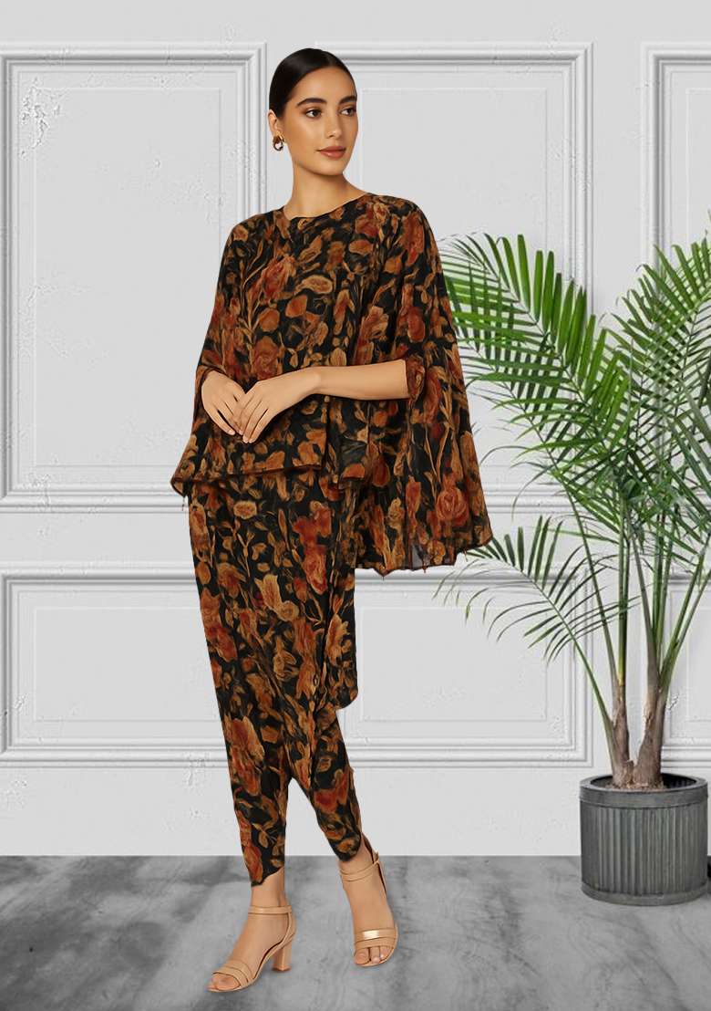 Black Georgette Floral Printed Fusion Set - Indya