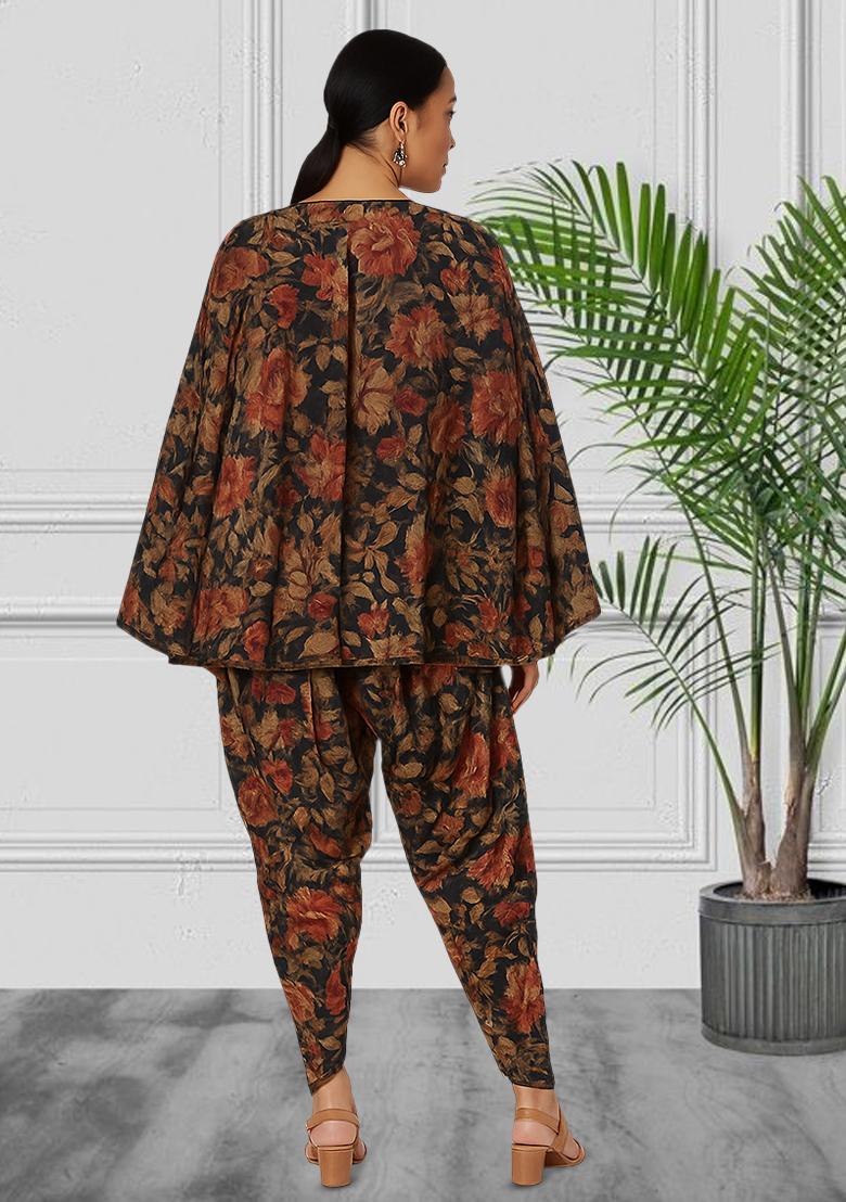 Black Georgette Floral Printed Fusion Set - Indya