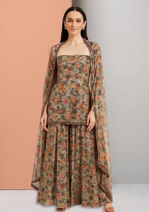 Multicolor Georgette Floral Printed Sharara Set