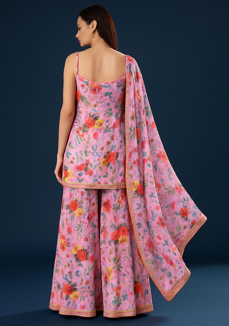 Pink Georgette Floral Printed Sharara Set - Indya