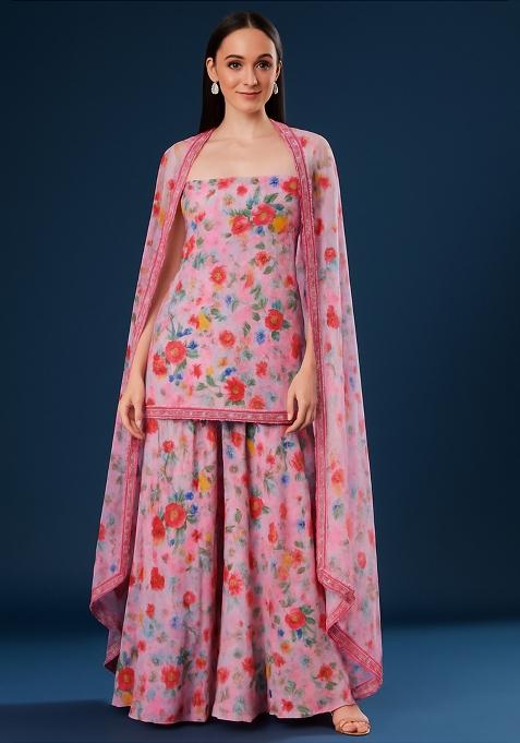 Pink Georgette Floral Printed Sharara Set