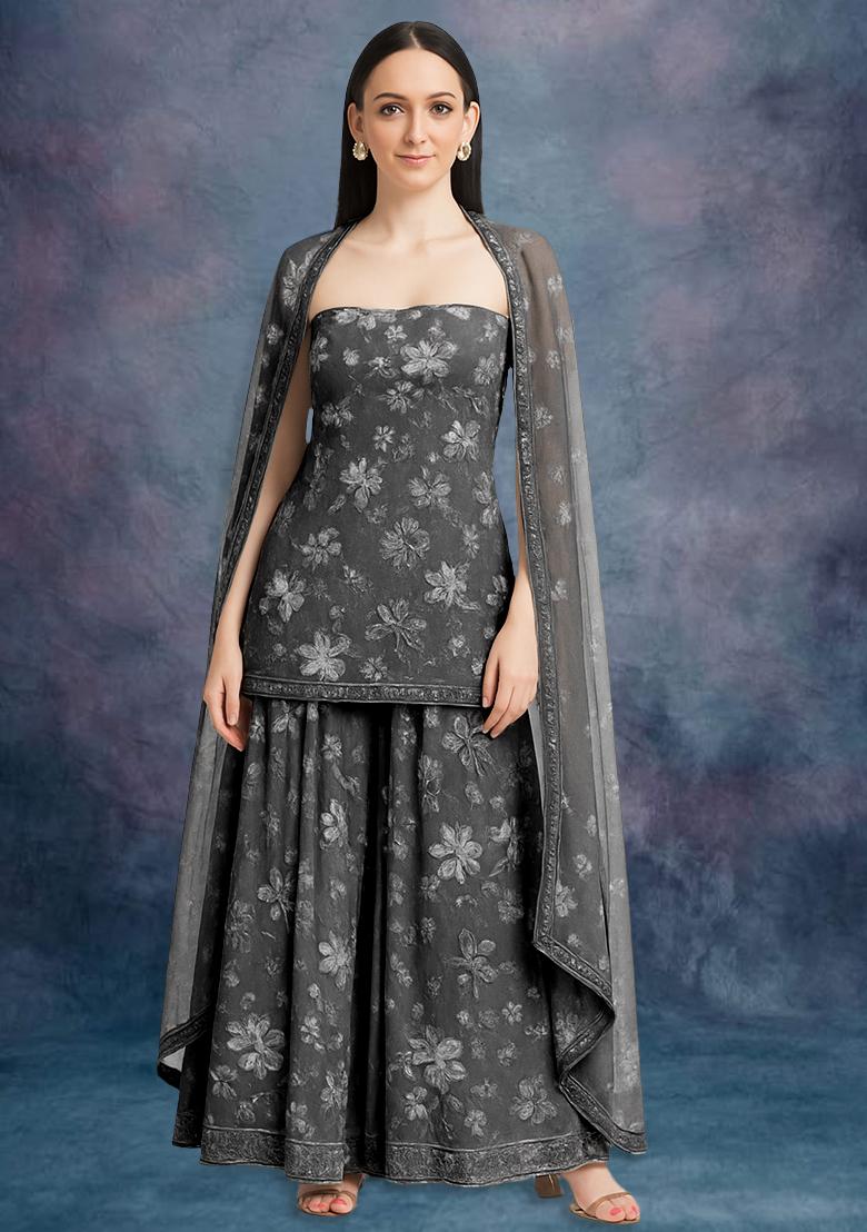 Black Georgette Floral Printed Sharara Set