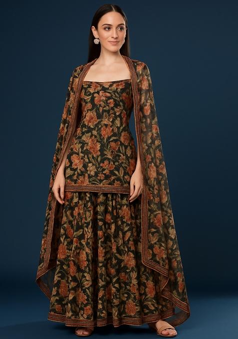 Black Georgette Floral Printed Sharara Set