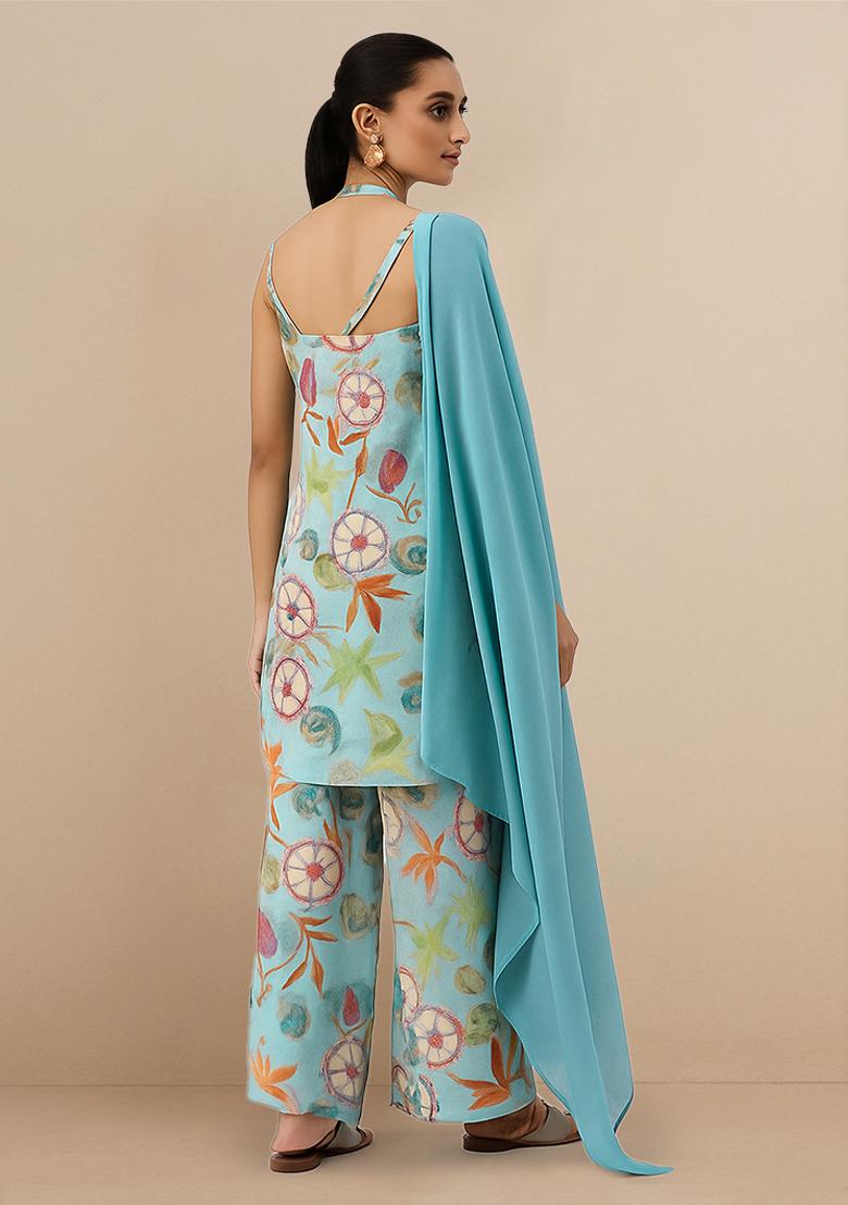 Blue Floral Print Chinon Kurta Set - Indya