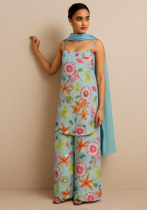 Blue Floral Print Chinon Kurta Set