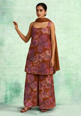 Blue Abstract Print Chinon Kurta Set