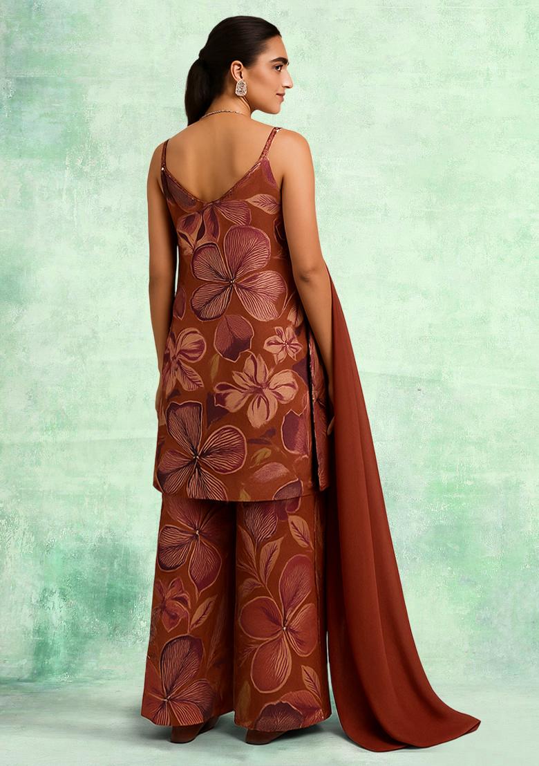 Blue Abstract Print Chinon Kurta Set - Indya