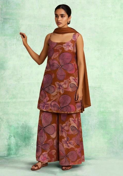 Blue Abstract Print Chinon Kurta Set