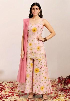 Pink Floral Print Satin Kurta Set