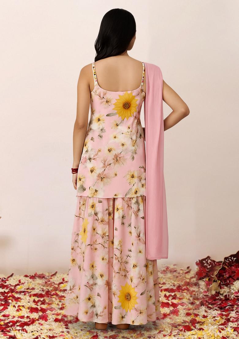 Pink Floral Print Satin Kurta Set - Indya