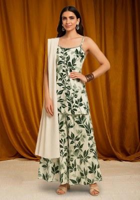 Green Floral Print Satin Kurta Set