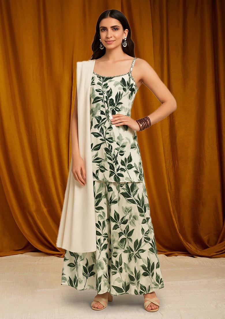 Green Floral Print Satin Kurta Set - Indya