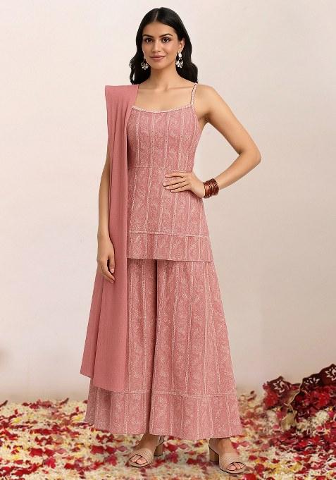 Pink Abstract Print Satin Kurta Set