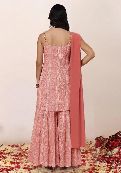 Pink Abstract Print Satin Kurta Set