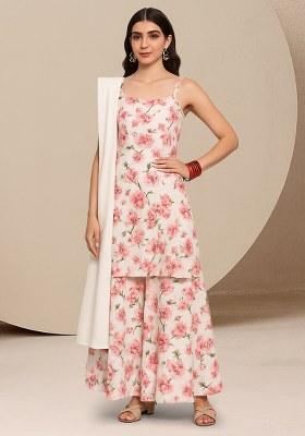 White Floral Print Satin Kurta Set