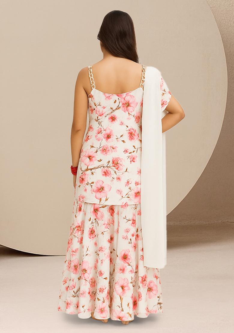 White Floral Print Satin Kurta Set - Indya