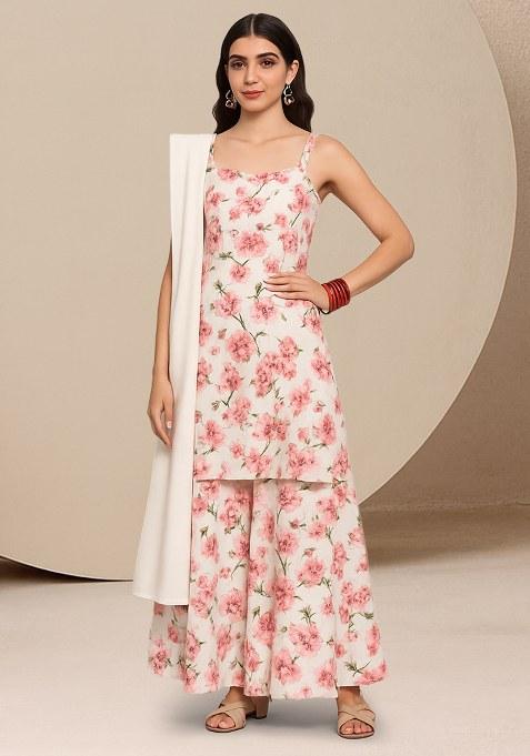 White Floral Print Satin Kurta Set