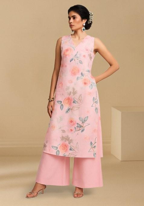 Pink Floral Print Chinon Kurta Set