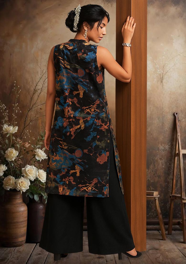 Black Abstract Print Chinon Kurta Set - Indya
