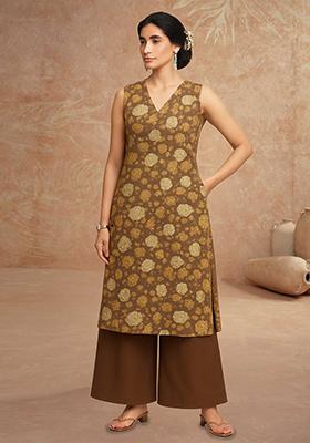 Brown Floral Print Satin Kurta Set