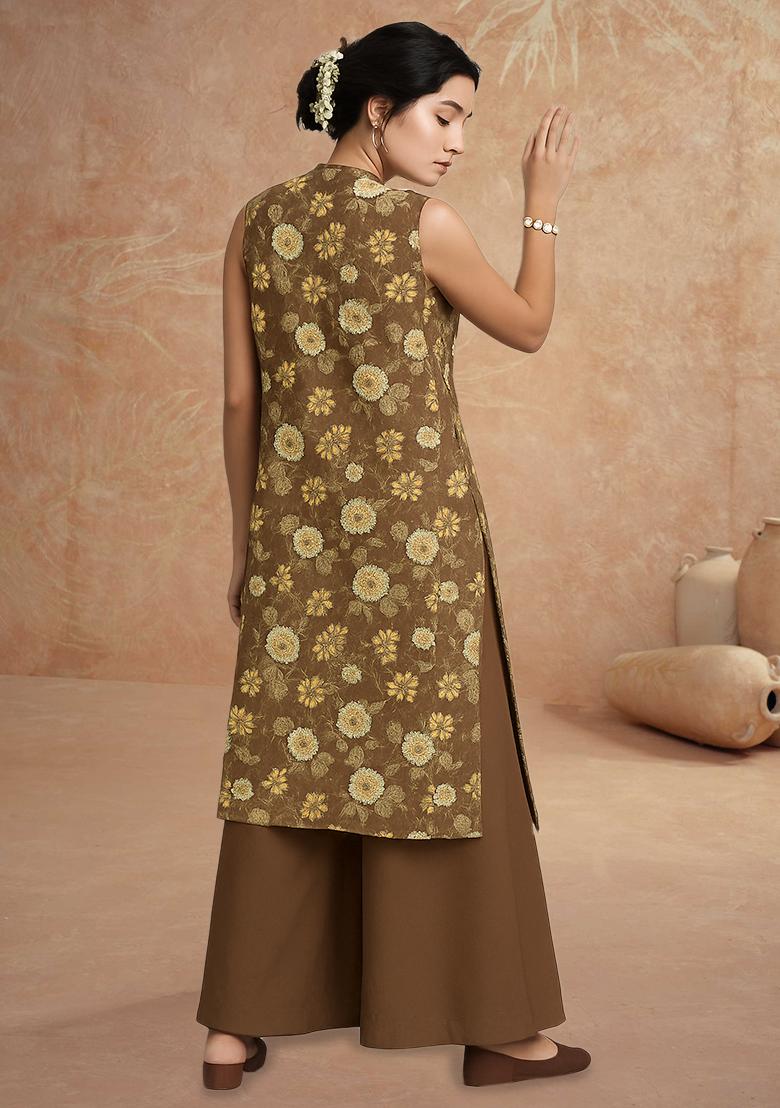 Brown Floral Print Satin Kurta Set - Indya