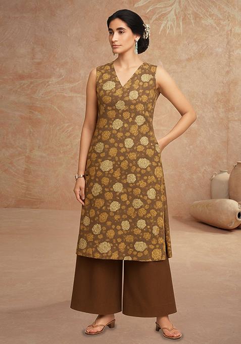 Brown Floral Print Satin Kurta Set