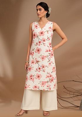 Pink Floral Print Satin Kurta Set