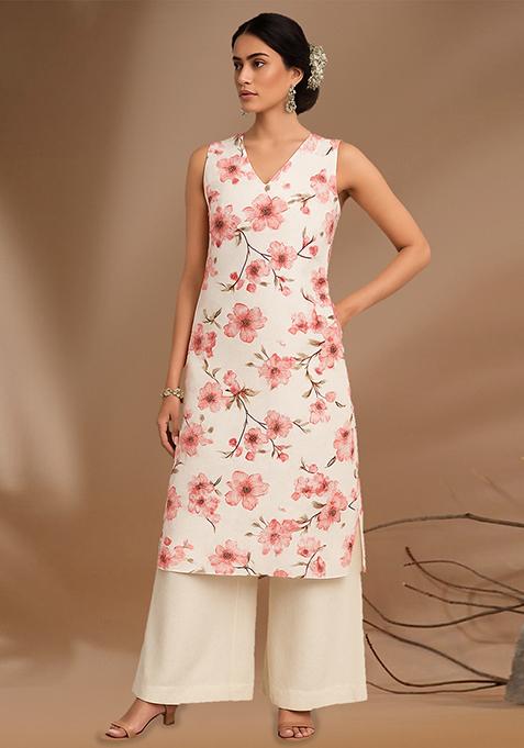 Pink Floral Print Satin Kurta Set