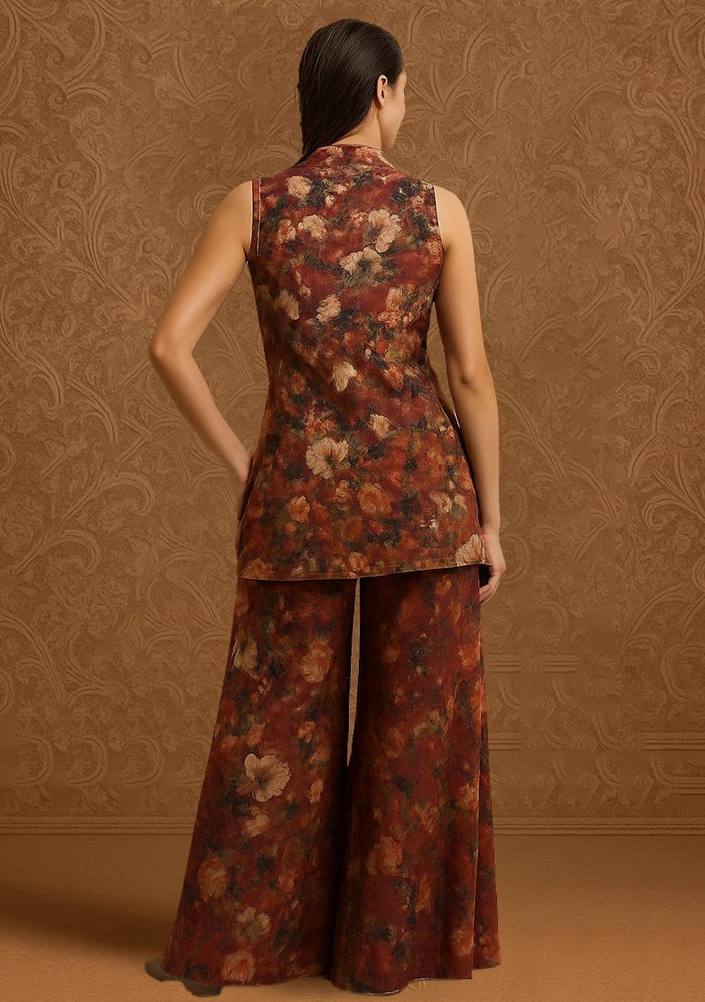 Brown Crepe Floral Printed Short Kurta With Palazzo  - Indya