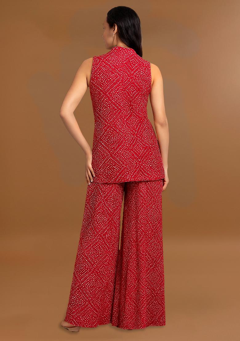 Red Crepe Bandhani Printed Short Kurta With Palazzo  - Indya