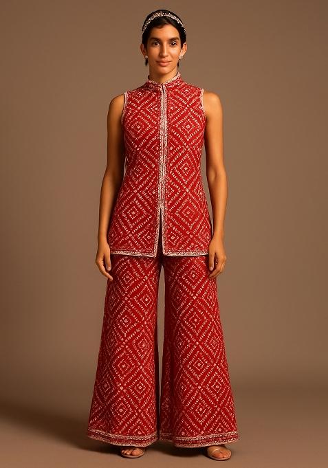 Red Crepe Bandhani Printed Short Kurta With Palazzo 