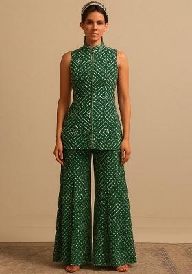 Green Crepe Bandhani Printed Short Kurta With Palazzo 