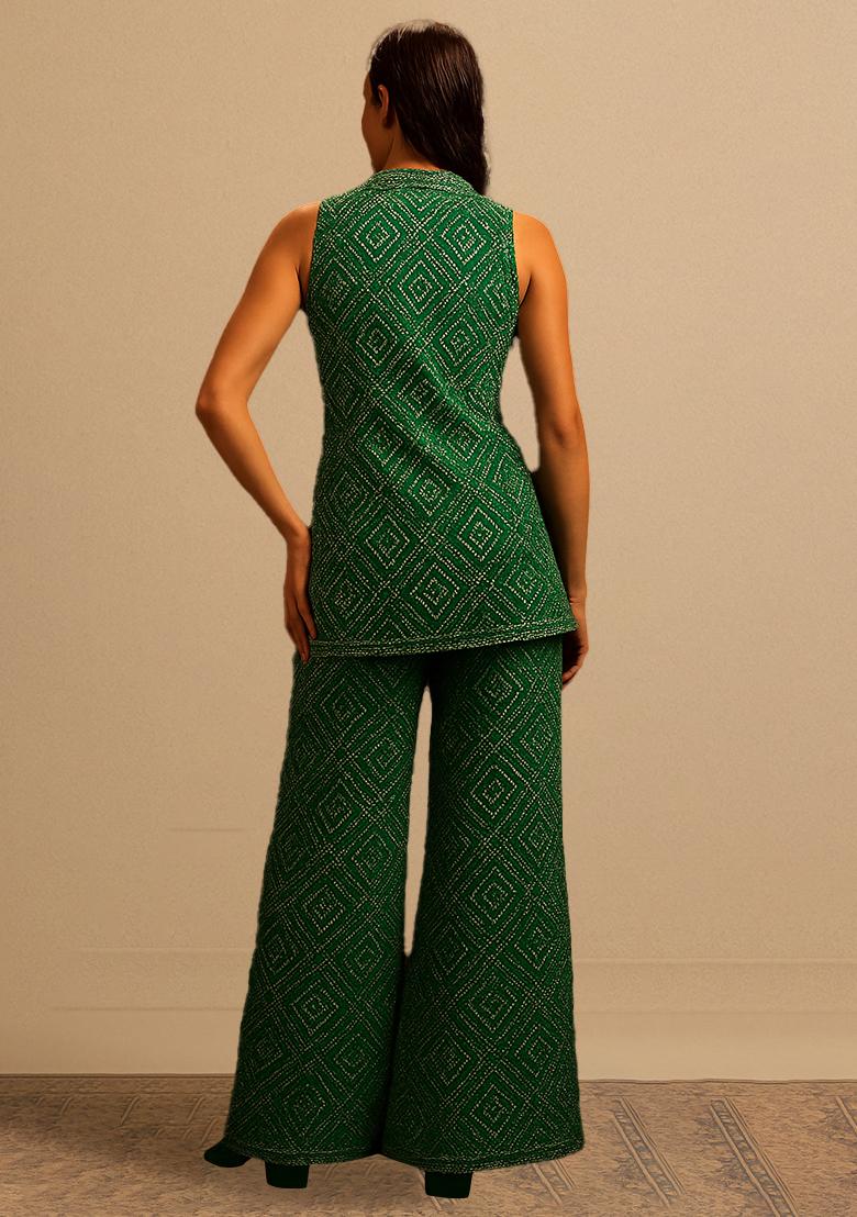 Green Crepe Bandhani Printed Short Kurta With Palazzo  - Indya