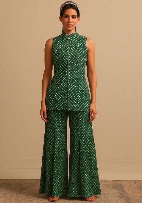 Green Crepe Bandhani Printed Short Kurta With Palazzo 