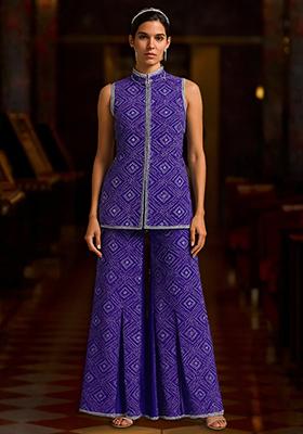 Blue Crepe Bandhani Printed Short Kurta With Palazzo 