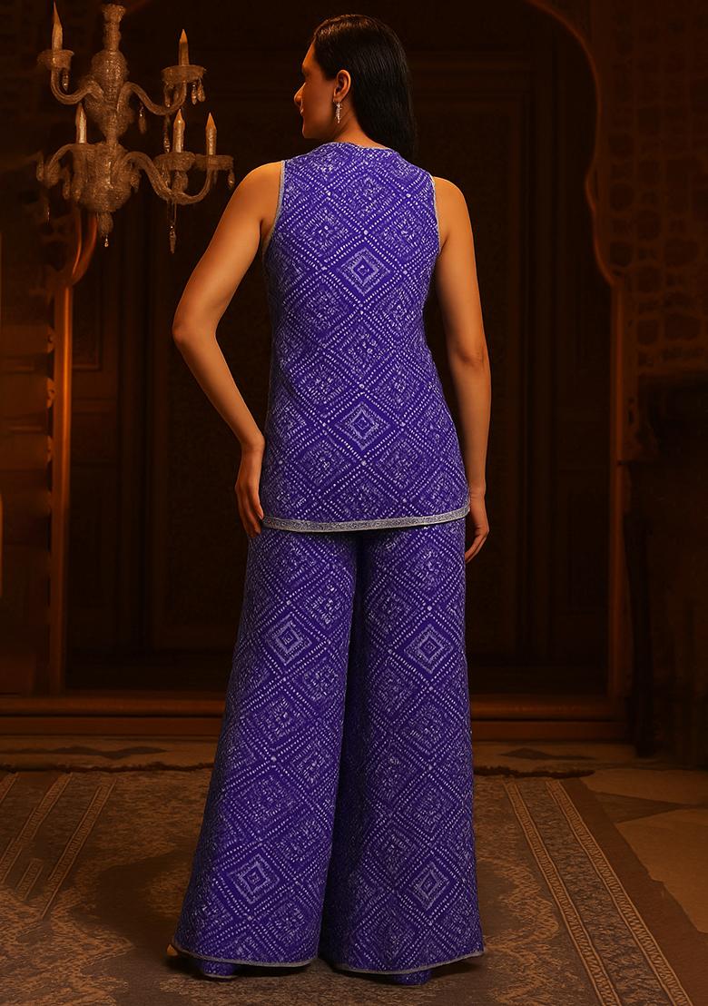 Blue Crepe Bandhani Printed Short Kurta With Palazzo  - Indya