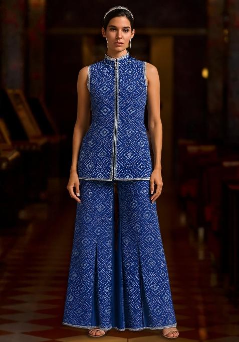 Blue Crepe Bandhani Printed Short Kurta With Palazzo 
