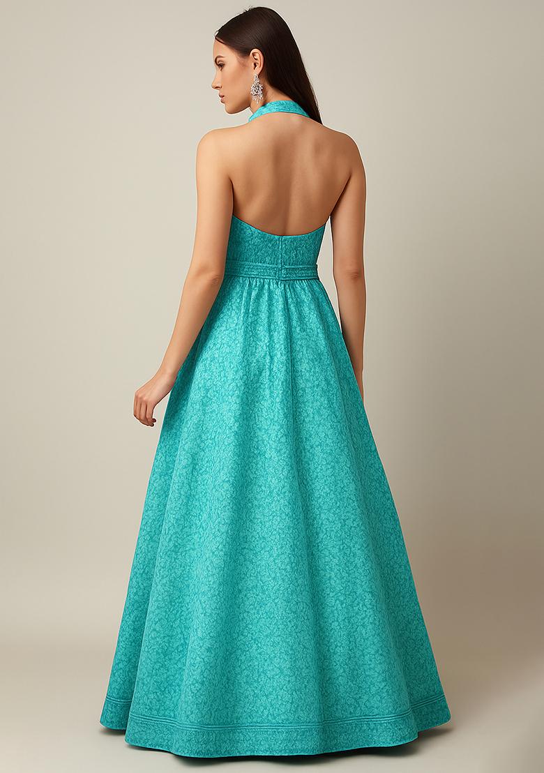 Sky Blue Net Embroidered Fusion Set - Indya