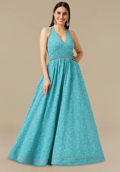 Sky Blue Net Embroidered Fusion Set