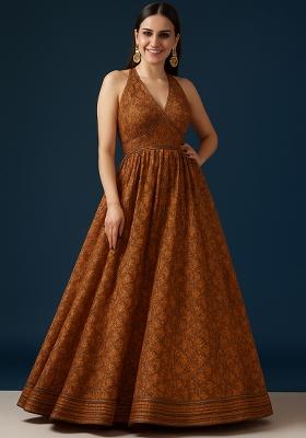 Rust Brown Net Embroidered Fusion Set