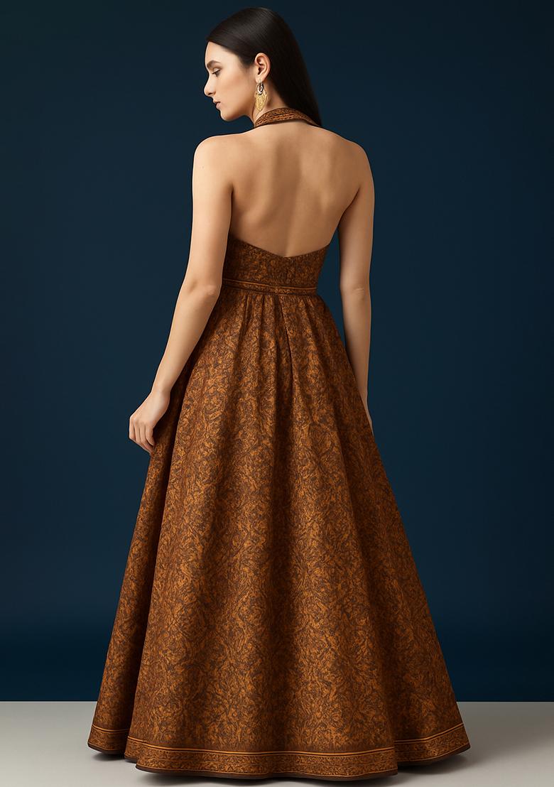 Rust Brown Net Embroidered Fusion Set - Indya